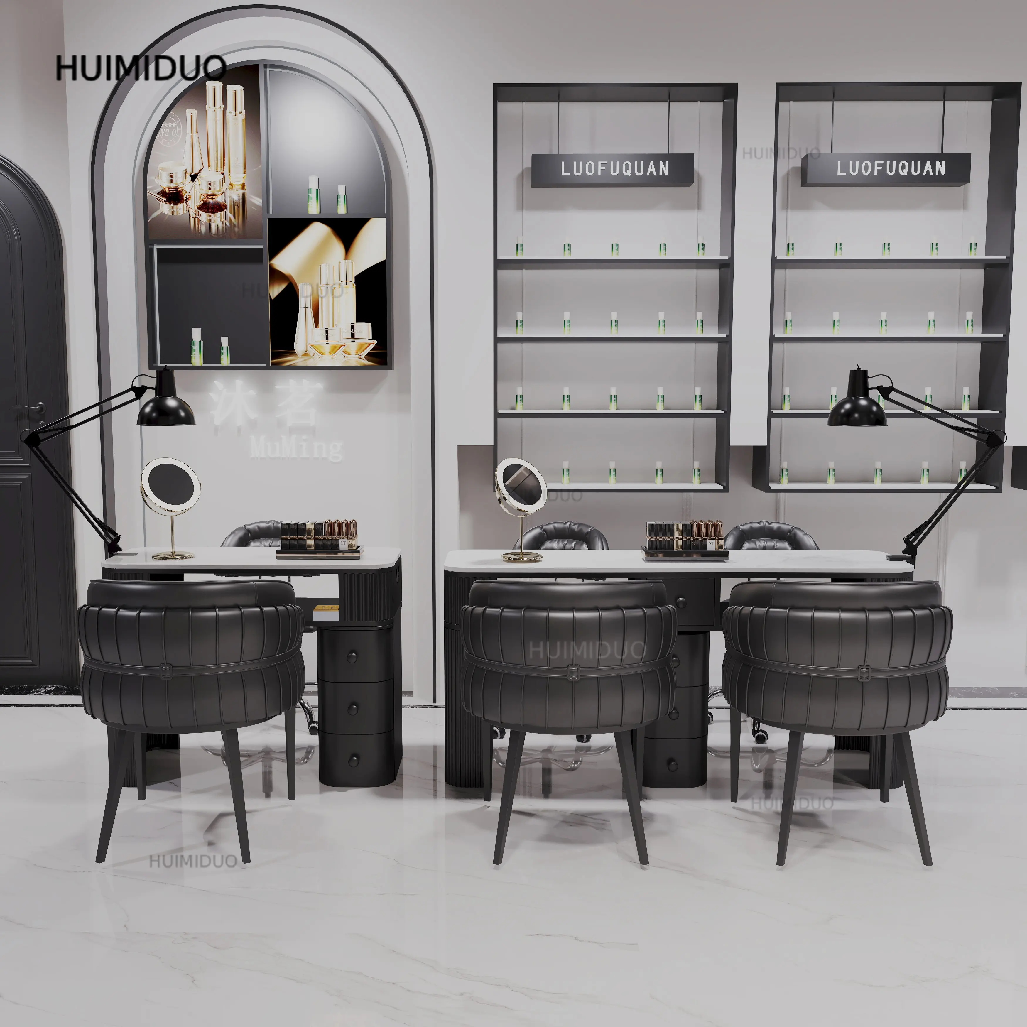 2026 new marble surface manicure table and chair set black fashion Internet celebrity high sense with bottom cabinet manicure