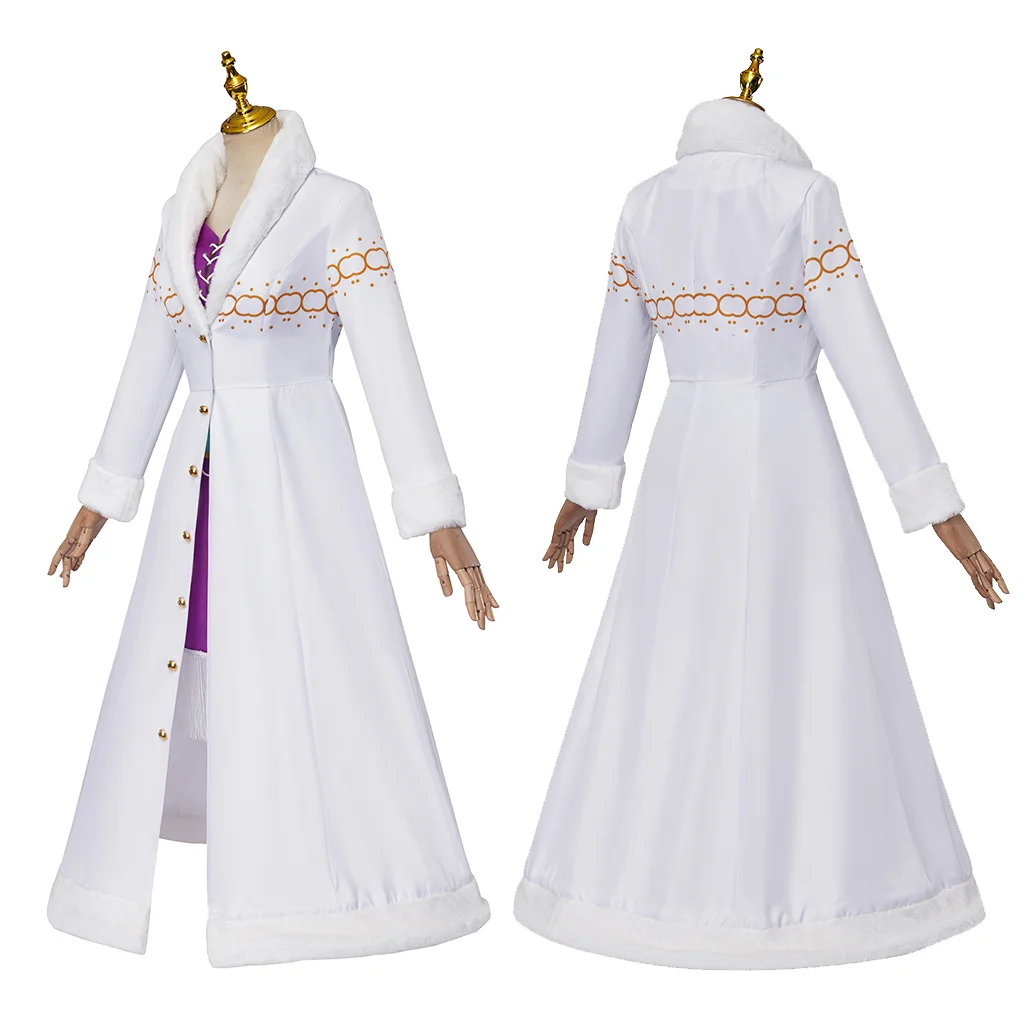 Disfraz de Cosplay de Anime Nico Robin, abrigo de piel blanca, traje de falda superior púrpura, disfraz de noche de carnaval de Halloween