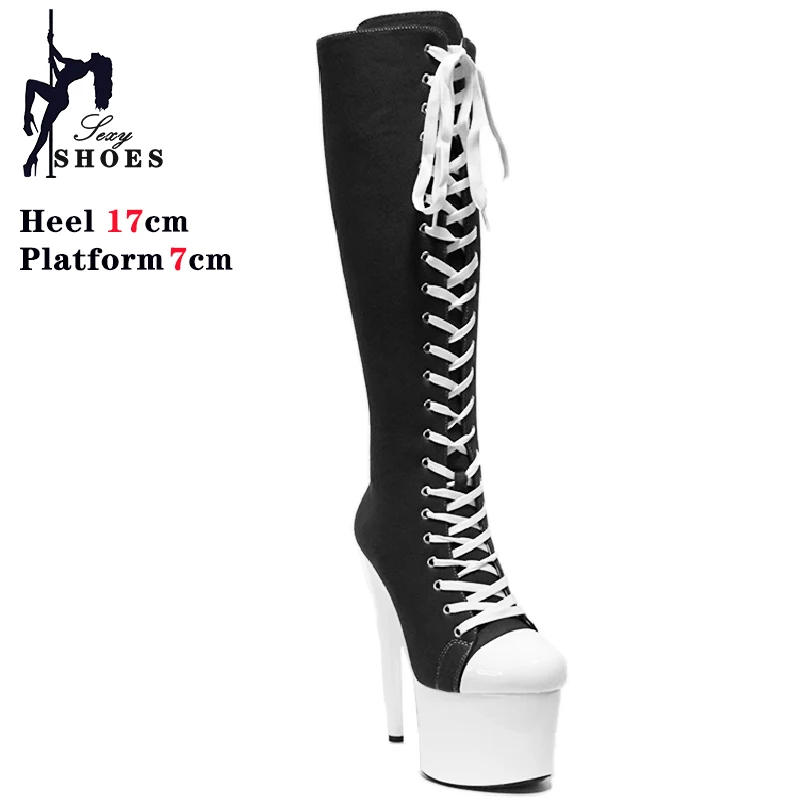 15cm 17cm 20cm Black Shoes Women Platform Side Zippe Pole Dance Boots Canvas Lace-up Stiletto Ultrahigh High Heel Mid-Calf Boots