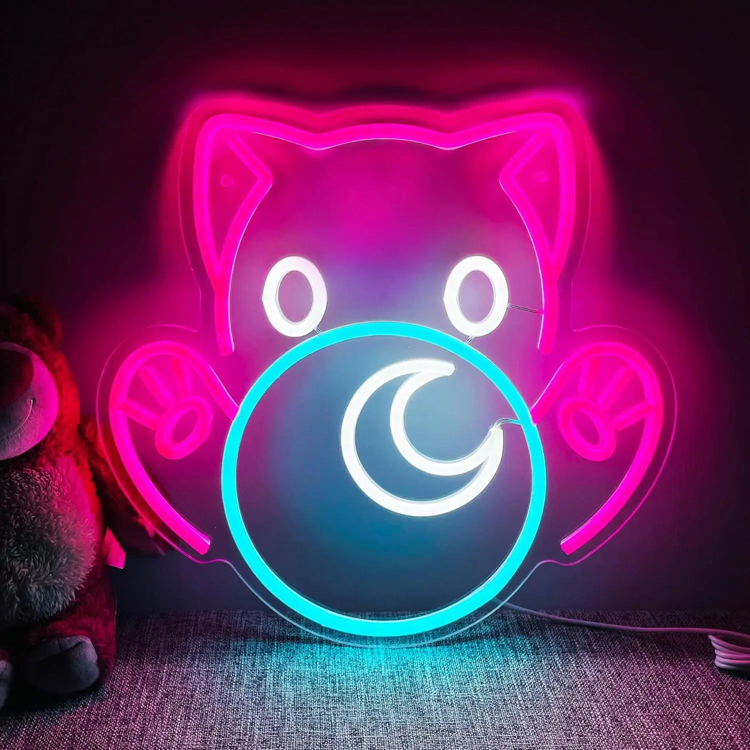 Cute Cat Neon Sign LED Wall Art USB Powered Moon Face Glow Lamp Kawaii Animal Theme Decor Home Bedroom Kids Room Party Light