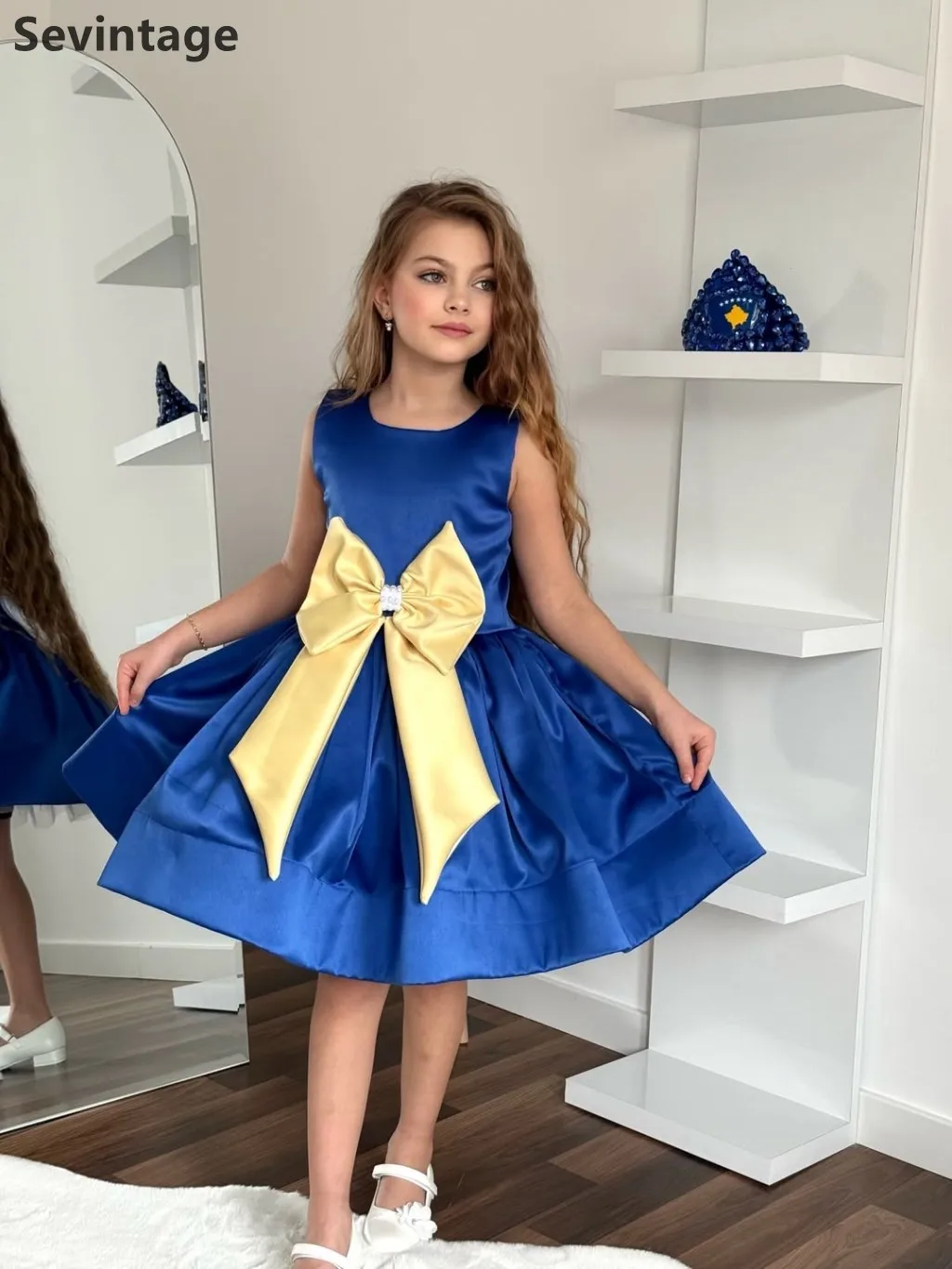 Sevintage 2026 Cute Mini Flower Girl Dresses Sleeveless Princess Ball Gown Oversized Bow Lace-up Back Birthday Party Dress