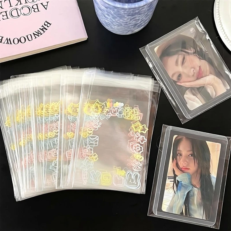 50-200Pcs Transparent Cute Graffiti Kitten Self-adhesive Opp Bag Kpop Idol Photo Cards Protective Storage Bag Photocard Sleeves