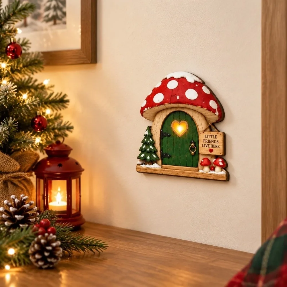 Natural Wood Christmas Miniature Door Miniature Size UV Printing Wooden Fairy Ornament 2D Flat Adhesive Included