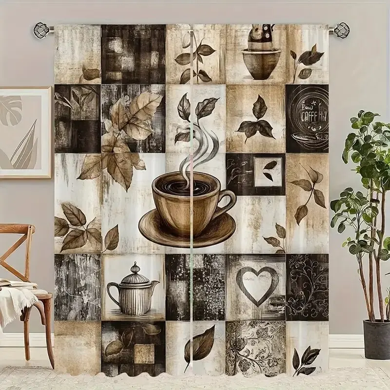 

Retro coffee print curtains, suitable for bedrooms and living rooms, home decoration, family decoration and Christmas decoration