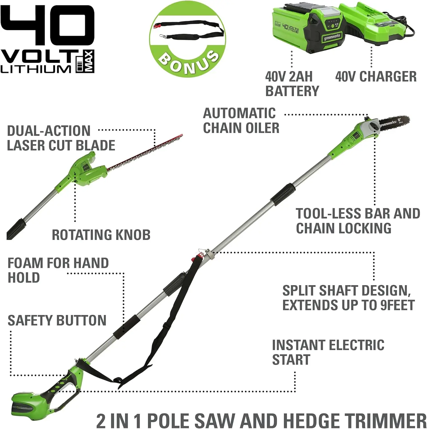 40V 8" Pole Saw + Pole Hedge, 2.0Ah Battery (Gen 1)