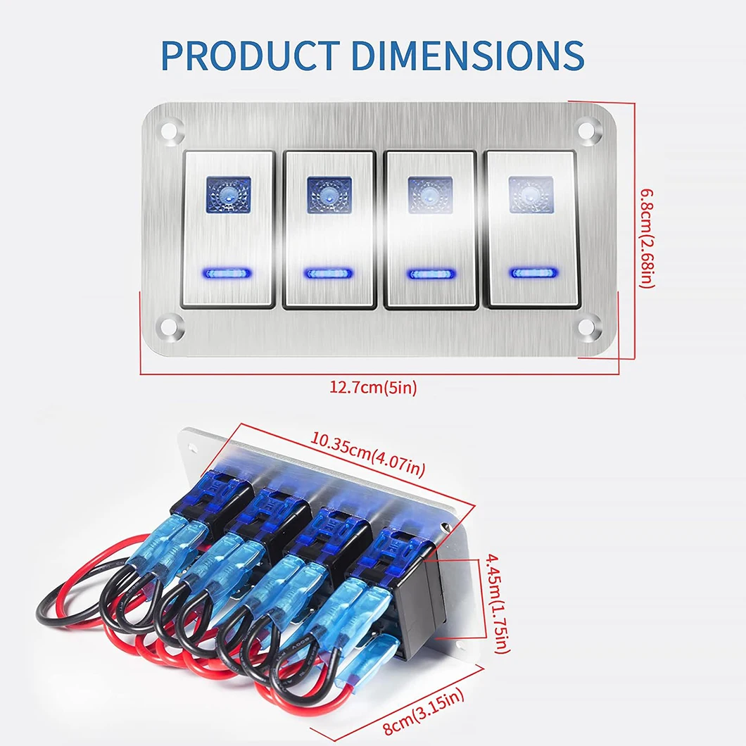 ABILKEEN ON-OFF 4 Gang Aluminum Rocker Switch Panle with Dual LED Light DC12-24V Car RV Truck Boat Modification Waterproof Panel