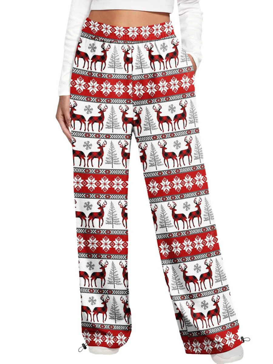 Women Christmas Pants Elk Santa Claus Print Drawstring Trousers Loose Pajamas Pants