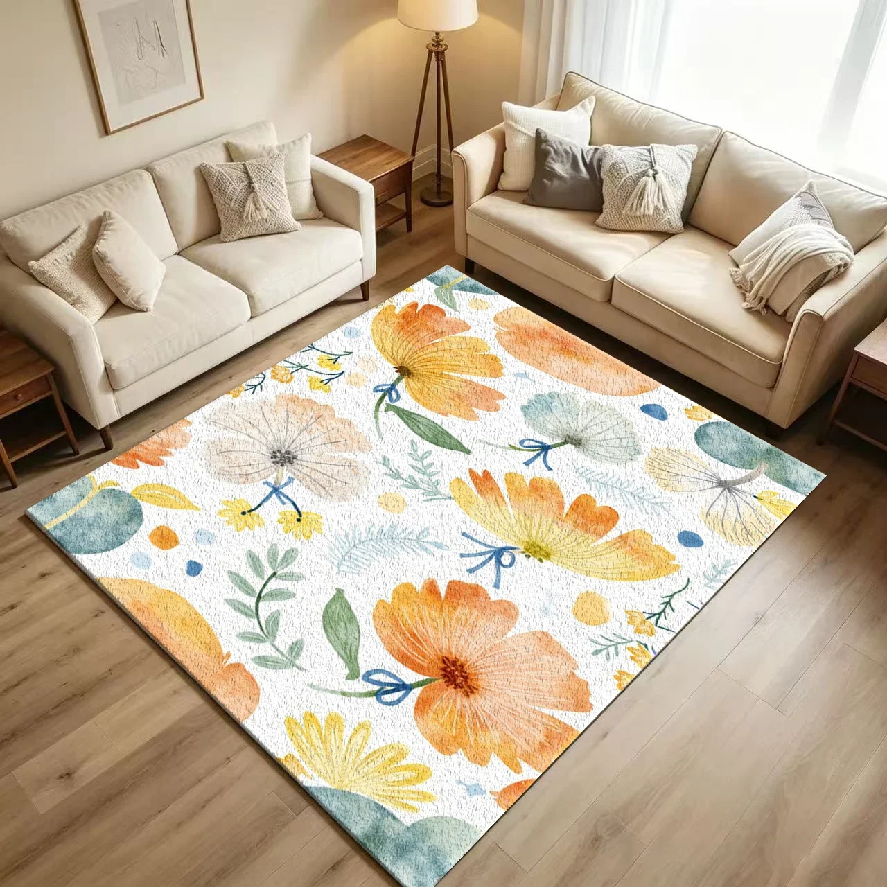 Watercolor Spring Floral Botanical Carpet Flooring Warm Tone Flower Leaf Seamless Pattern Printed Floor Rug for Household Bohemi