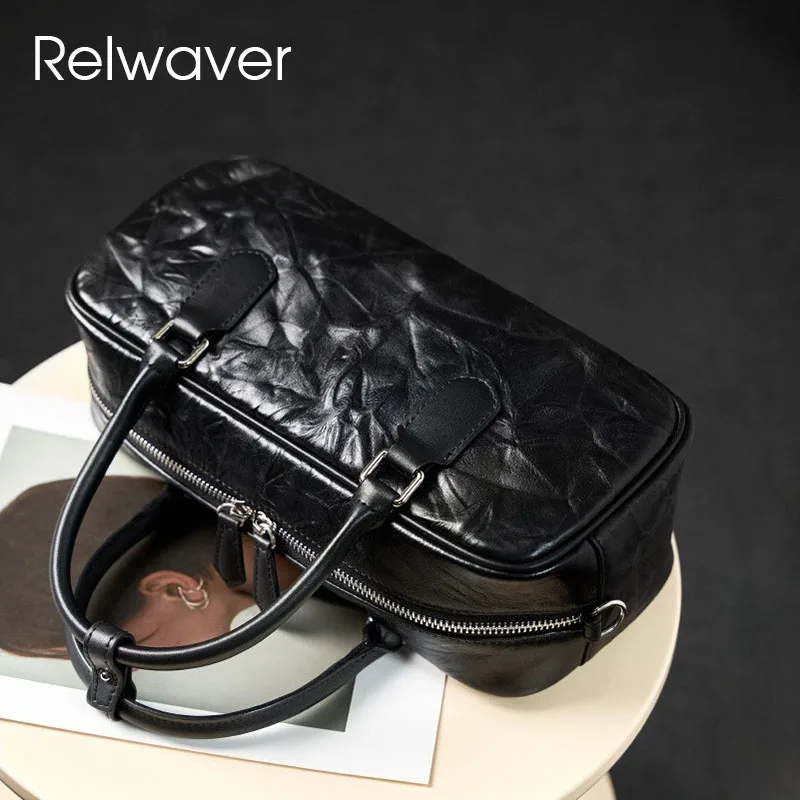 

Relwaver women hand bag genuine leather shoulder bag 2024 winter black white pillow bag fashion crossbody bag