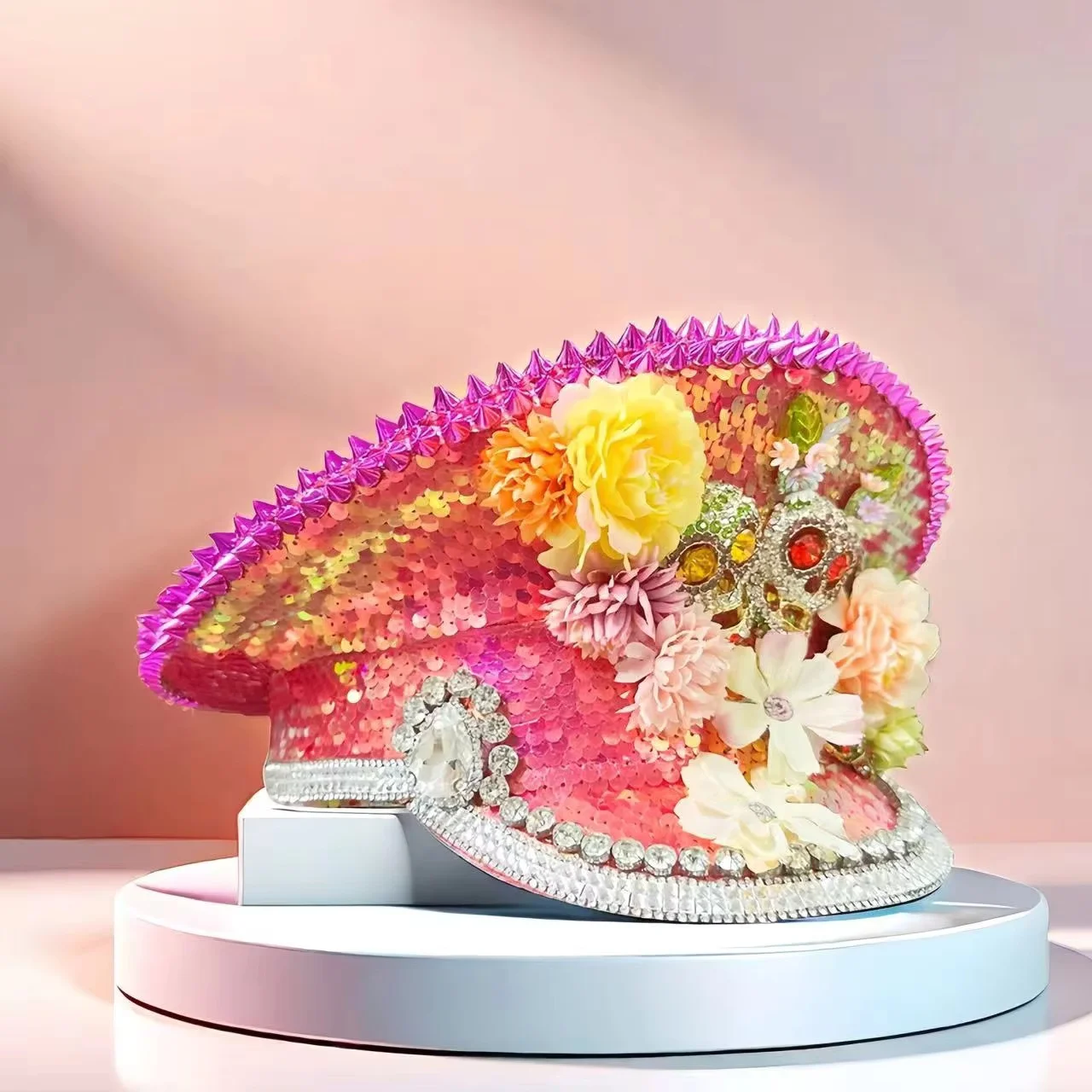 HongLuan Sombrero de disfraz de Halloween rosa, sombreros de capitán con diamantes de imitación para mujer de festival de hombre ardiente, accesorios femeninos de cosplay