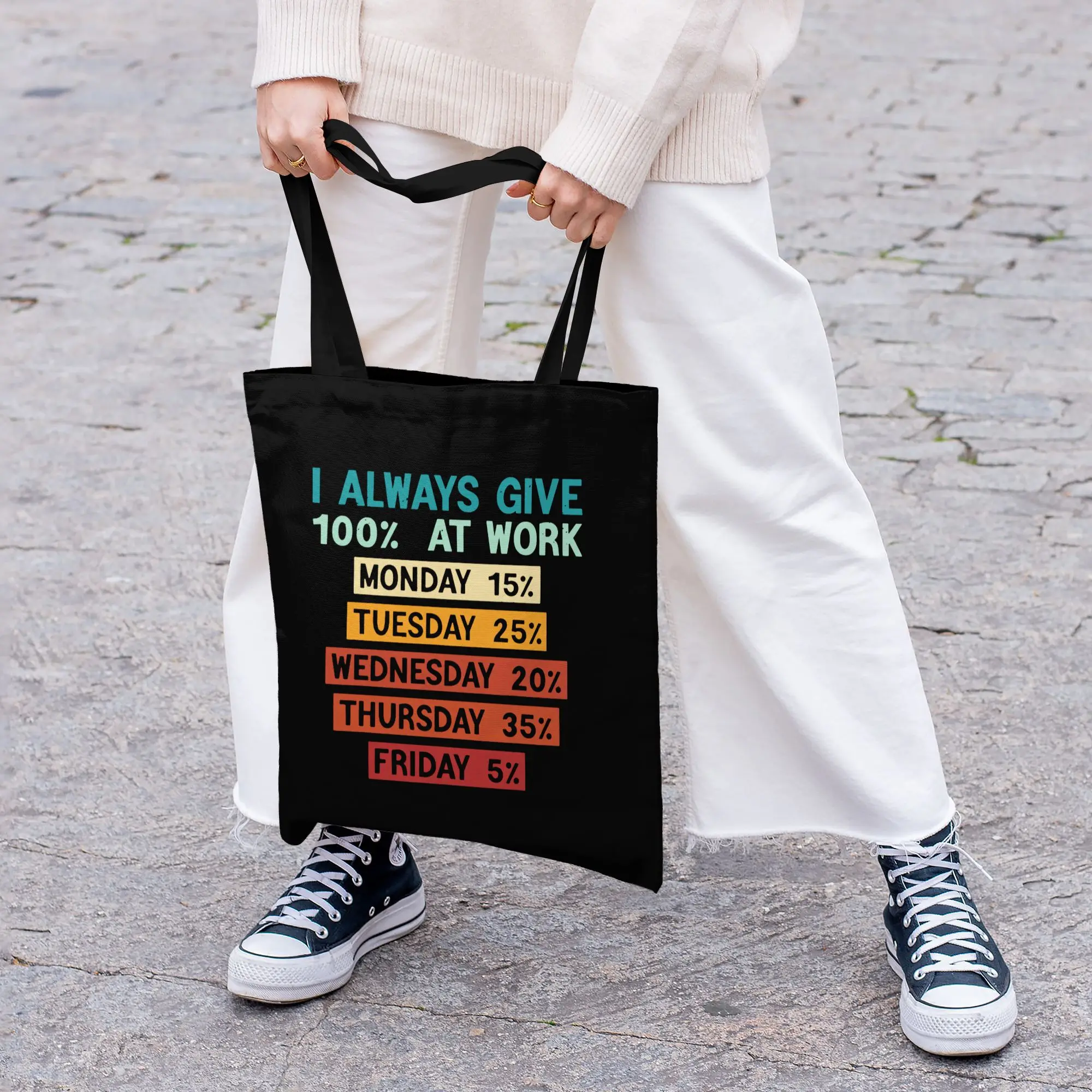 Week Work Percentage Canvas Tote Bag Humor Office Text Graphic Reusable Shopping Shoulder Bag Casual Handbag for Women