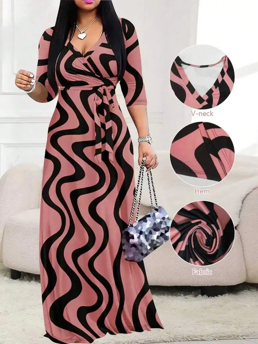 

Women's Pink Black Wave Print Maxi Dress with V Neck and Waist Tie, Elegant for Casual Outings