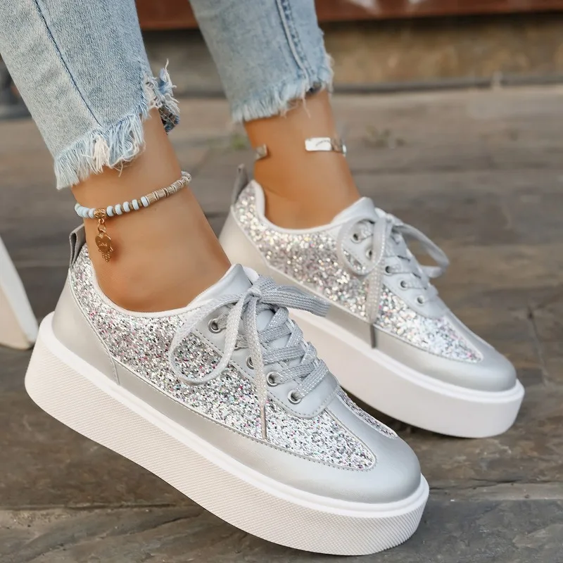 Zapatos de lentejuelas de moda, zapatos casuales para mujer, zapatos de suela gruesa de diseño moderno, calzado para hombre, zapatillas deportivas casuales con cordones.