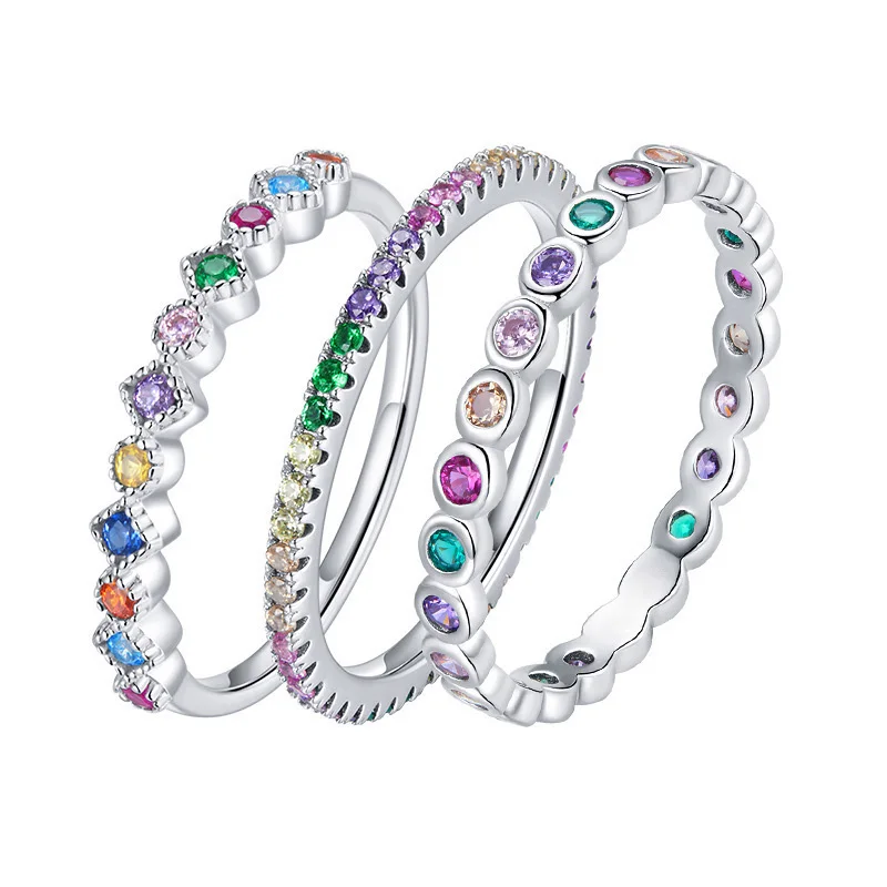 Simple Thin Dainty Rings for Women Colorful Round Zircon Silver Color Stacking Pinky Ring Female Jewelry Wholesale Gifts KCR039