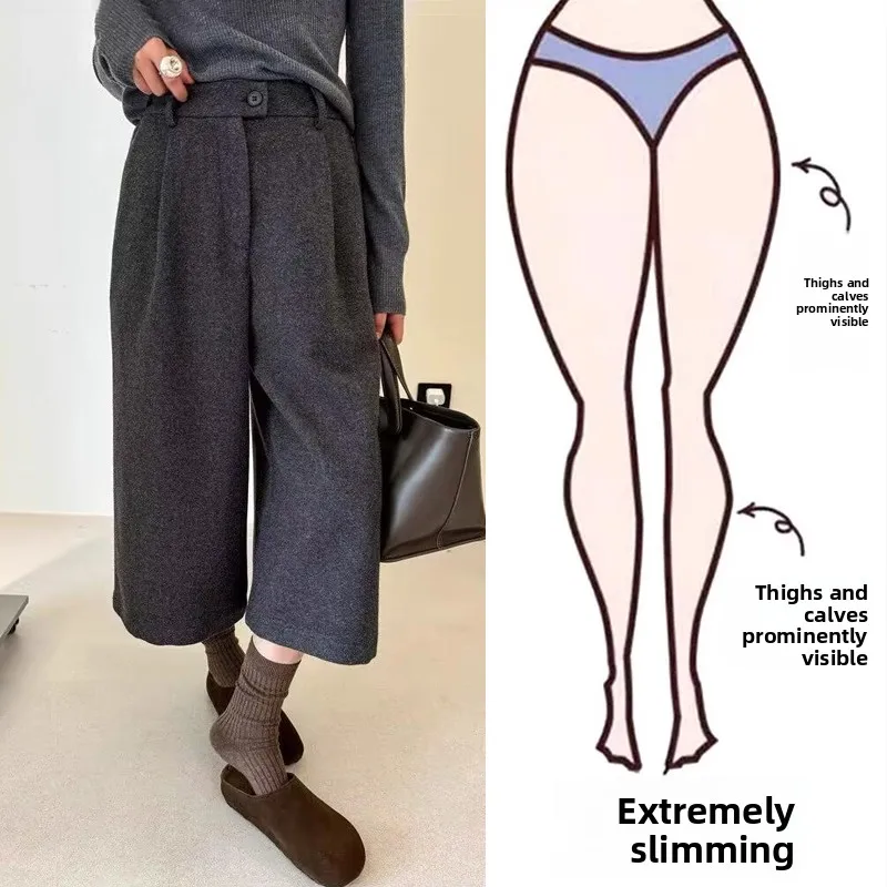 

Gray Woolen Wide Leg Pants Women's Autumn Winter plus Size Thickened Fleece High Waist Casual Trousers for plus Size Women