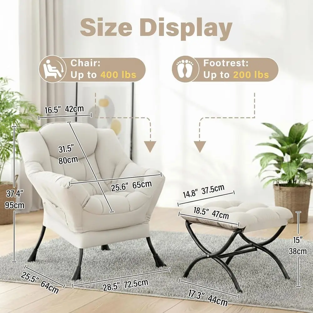 Cozy Lazy Chair and Ottoman, Large Contemporary Peach Beige Accent Chair Set, Leisure Upholstered Reading Armchair or Bedroom, L