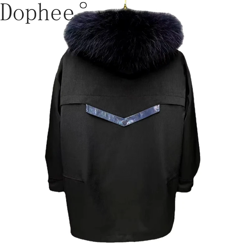 Korea Fashion Women's Parkas 2025 New Winter Warm Outwear Fur Collar Hooded Overcoat Removable Rex Rabbit Liner Wadded Jackets