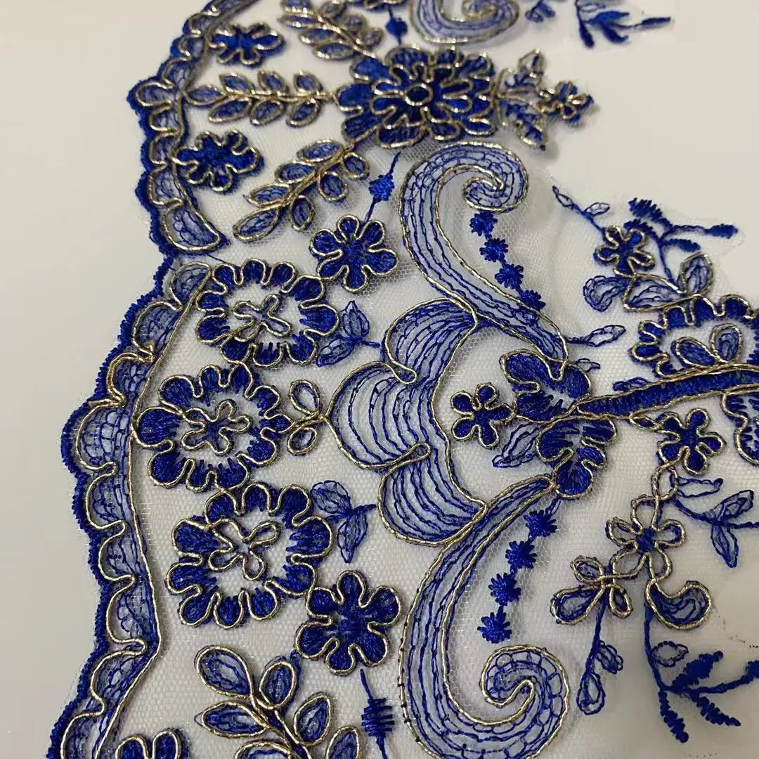 1Yard 23cm wide Blue Thread Gold Femur Embroidery Lace Dress Home Textile Cord Lace Dance Trims Clothes Children\'s Wear