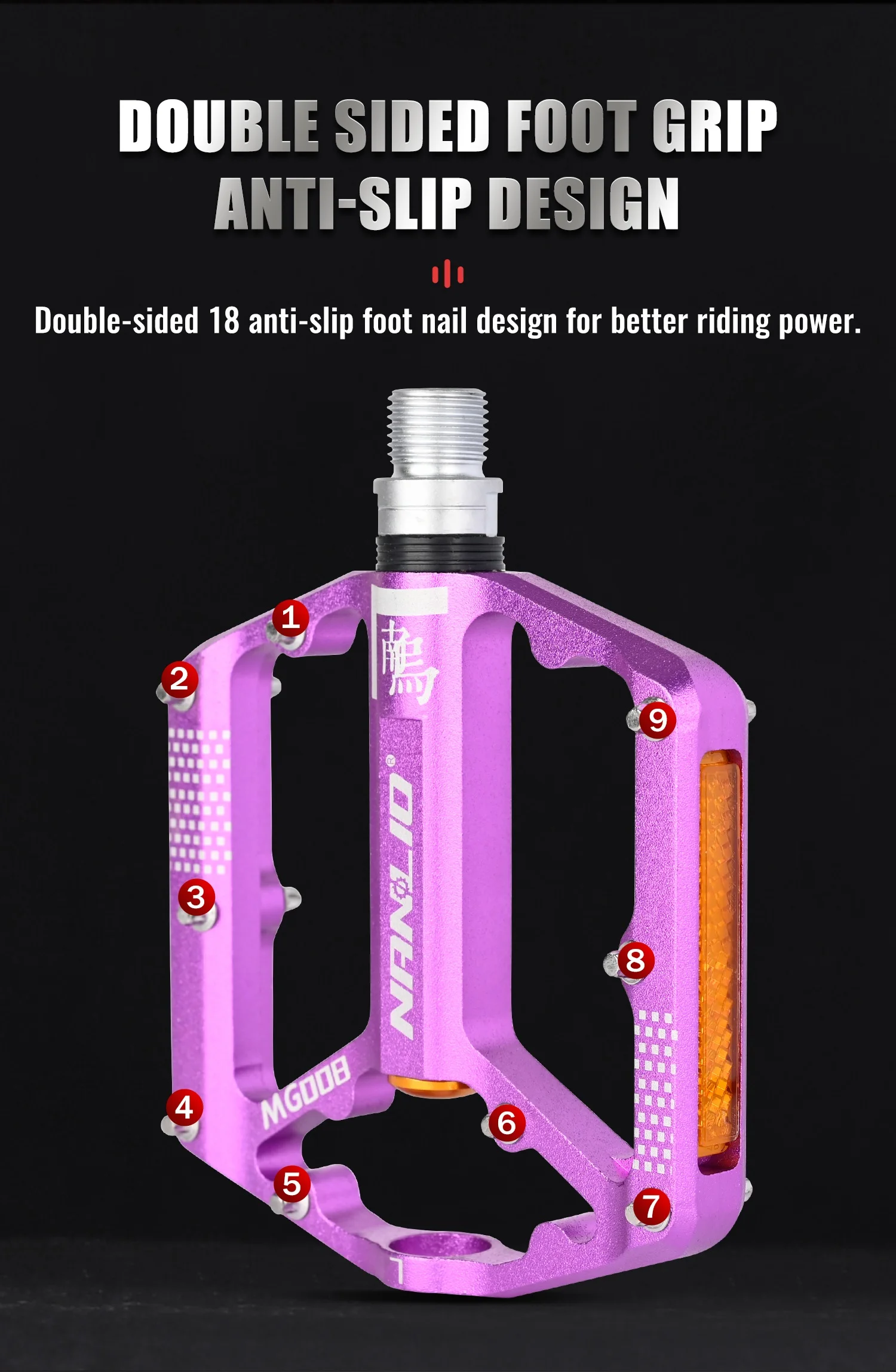 Nanlio Mountainbike Pedale, Cross Country, Trail, 6 abgedichtete Lager, breite Plattform, 2 Reflektoren, 18 Anti-Rutsch-Stifte, 290g Paar – Detail 7