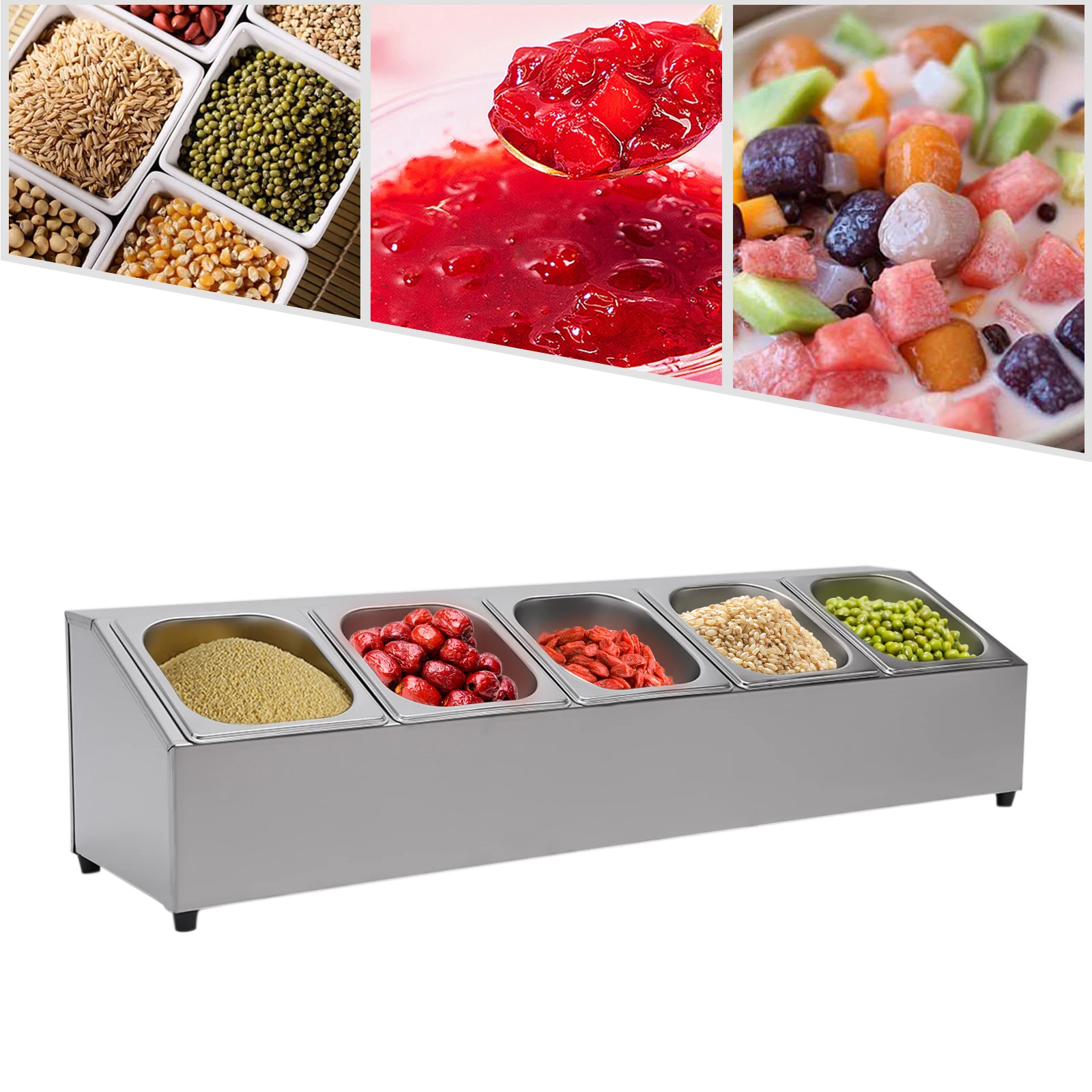 Stainless Steel 5-Grid Single-Row Food Divider Tray 201 Stainless Steel 2L Container Countertop Organizer for Kitchen