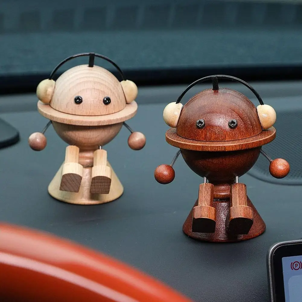 Wooden Robot Car Air Freshener Cute Shaking Leg Figurine Natural Wood Essential Oil Diffuser Dashboard Decor Auto Accessories