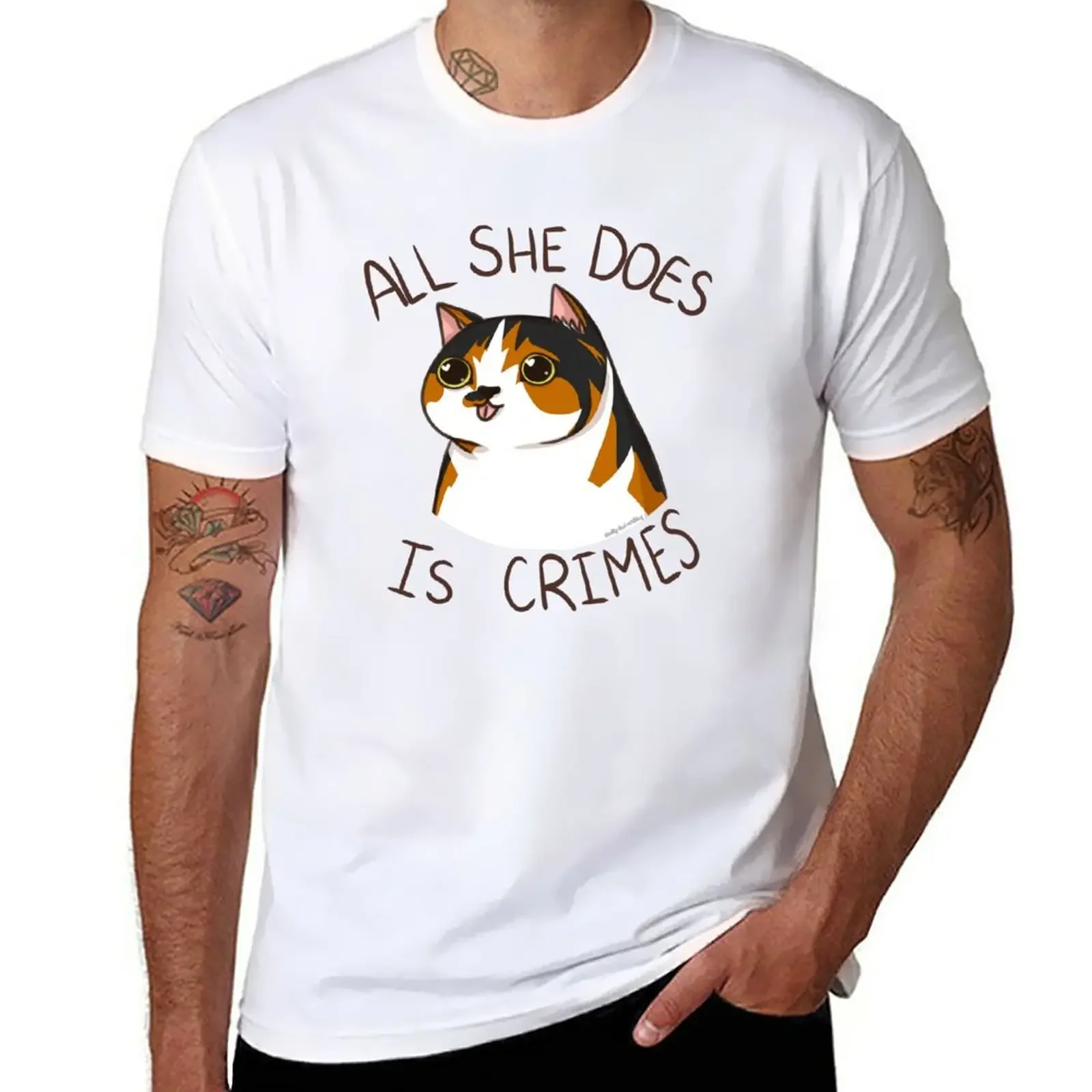 New All she does is crimes Calico cat Original Font T-Shirt custom t shirts design your own funny t shirts designer t shirt men