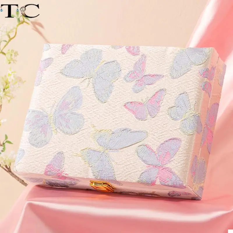 Butterfly-Embroidered Single-Layer Flip-Top Jewelry Storage Box for Rings Earrings Bracelets and Necklaces with Large Capacity