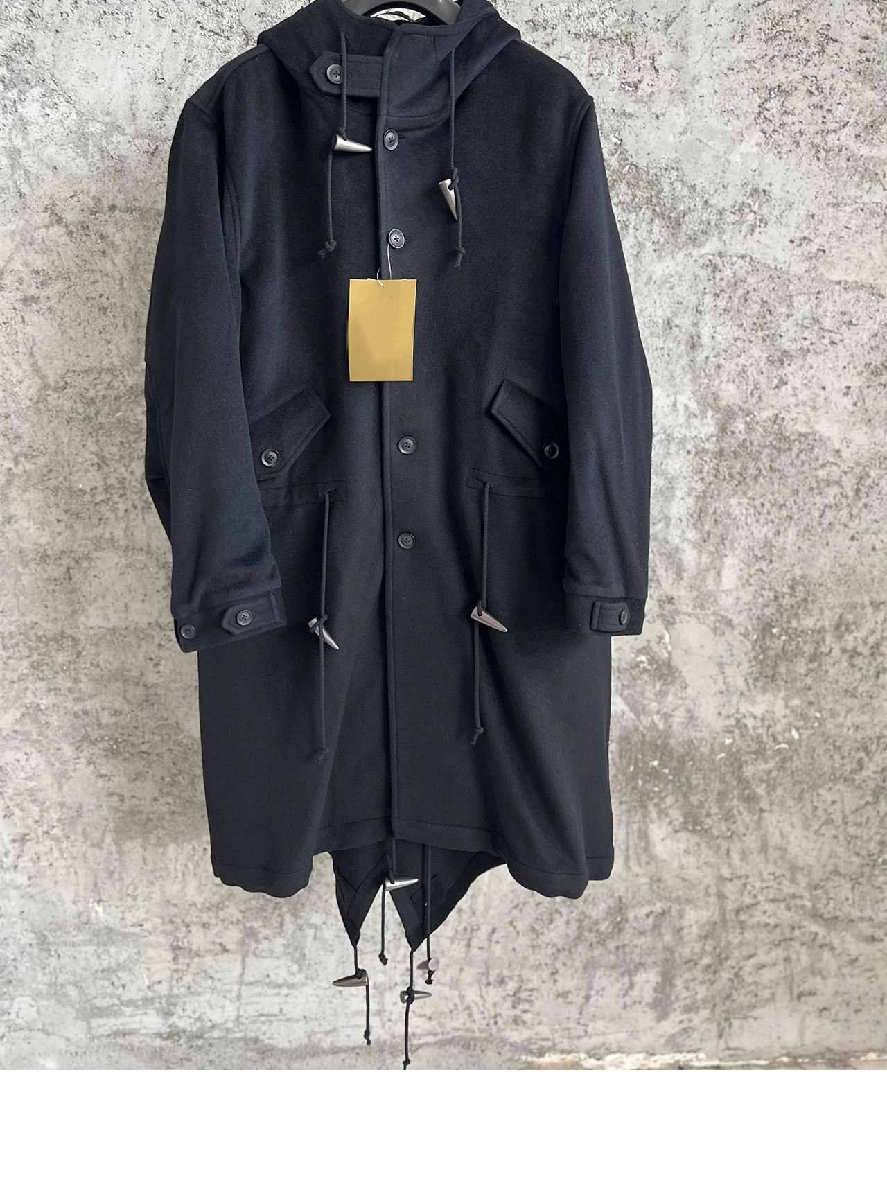 

TOP-YAMAMOTO Heavy Metal button Light luxury copper-ammonia thread British retro mid-length black windbreaker jacket