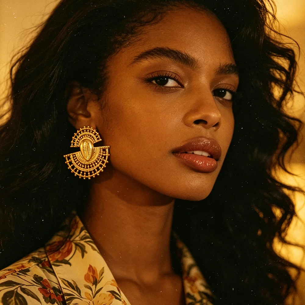 Damen-Set aus 18K vergoldeten, perlenbesetzten, durchbrochenen Cowrie-Muschel-Ohrringen und -Ring, afrikanischer ethnischer Statement-Schmuck, Geschenk für Party und Hochzeit – Detail 1