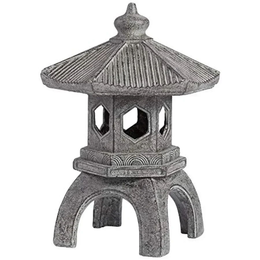 Pagoda 16 1/2 High Old Stone Indoor-Outdoor Statue: outdoor patio decoration, cast stone material, weathered gray finish, light