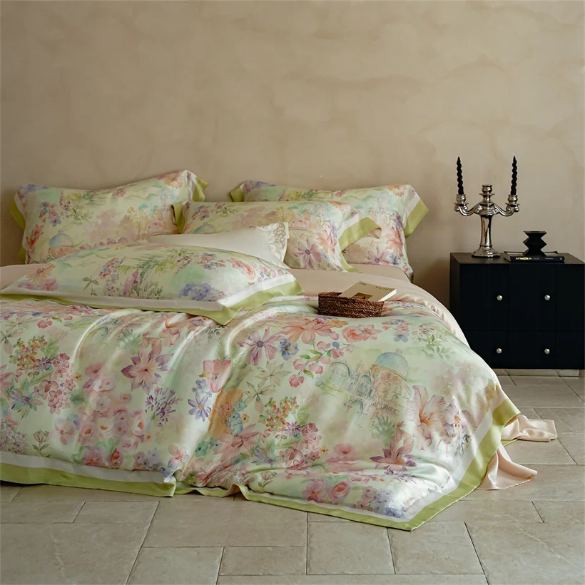 Mulberry Silk Bedding Set Smooth Duvet Cover Set Wrinkle-Resistant Healthy Silk Bed Sheet Set Pillowcase Double Queen King Size