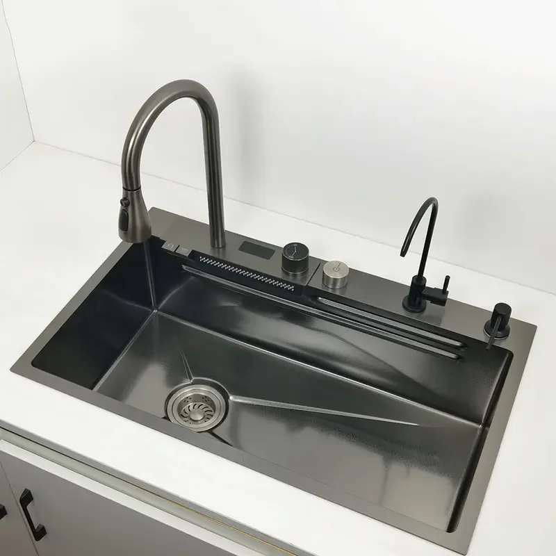 Left drain kitchen sink LED display waterfall faucet honeycomb nano wear-resistant and scratch-resistant button control drainage