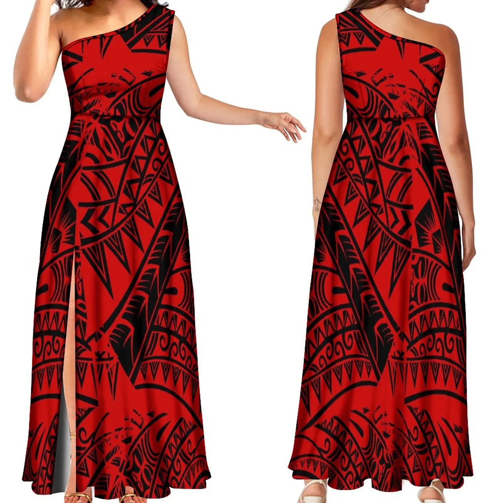 Pacific Island Art Style Maxi Polynesian Print Women's Dress New Design Elegant Large Skirt Slit Maxi Dress Summer 2024