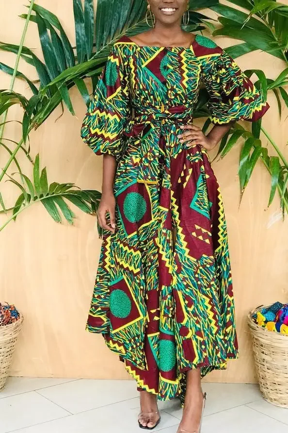 Women Sexy Boho African Dress Evening Party Long Maxi Africa Dresses for Women Print Pleated Dress Robe Africaine Outfits Attire