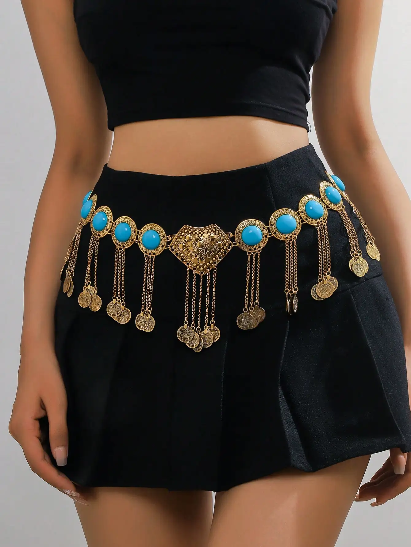 

Bohemian Turquoise & Gold Coin Waist Chain Belt for Women, Festival & Party Wear, Adjustable with Lobster Clasp