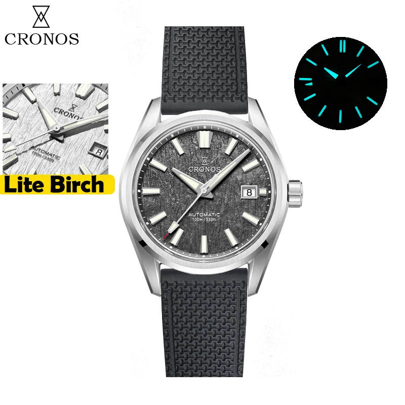 Cronos Herenhorloge 39mm Automatisch Miyota 9015 uurwerk Polshorloges Witte wijzerplaat Berkenpatroon Massieve schakels Saffier 10 ATM L6040M