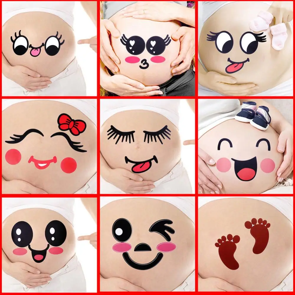 2Pcs Cute Cartoon Expression Pregnancy Photographs Belly Painting Photo Sticker Pregnant Facial Stomach Belly Sticker Photo Prop