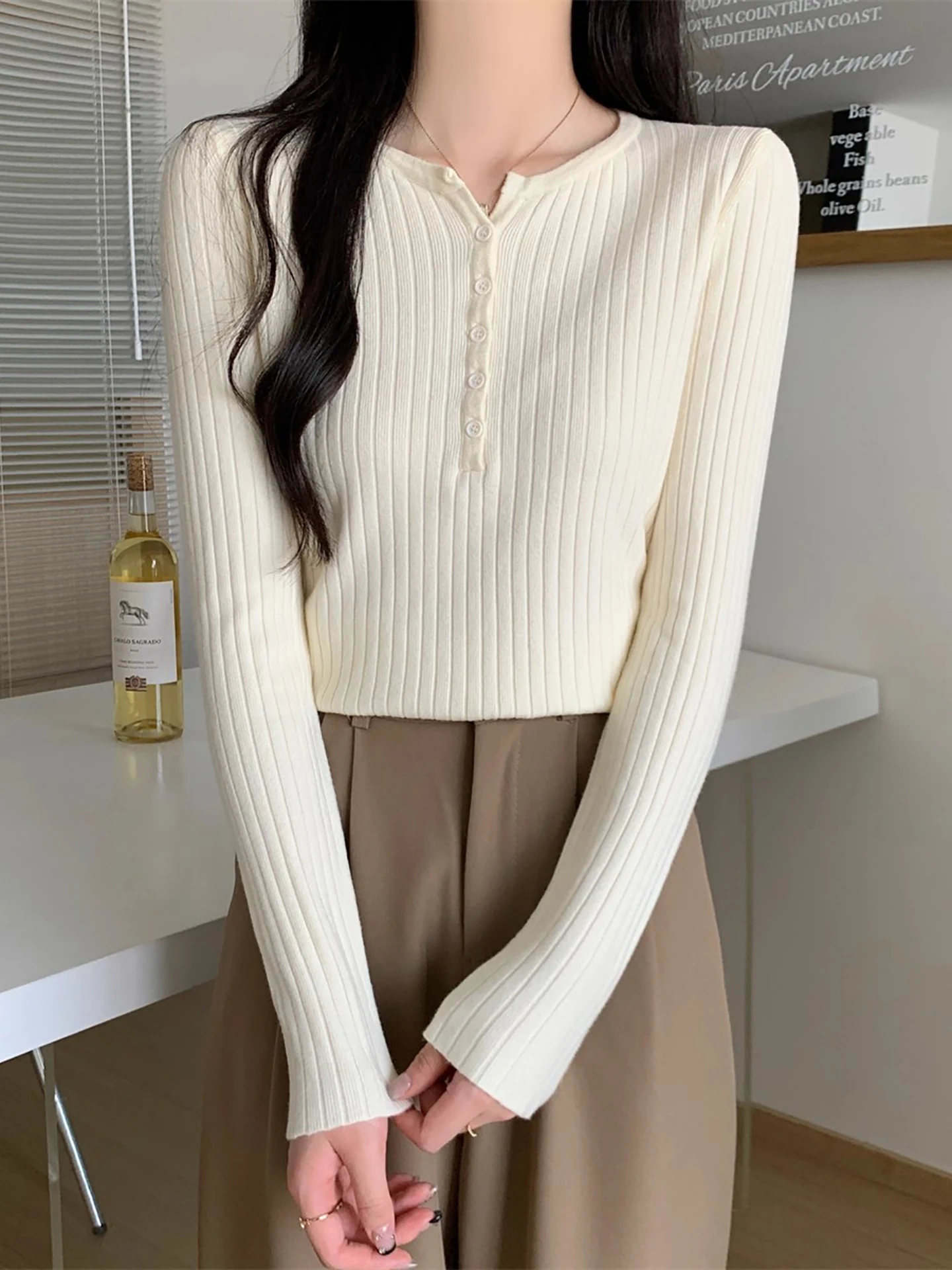 

Slim Fit Pure Color Knitted Base irt Button Design Korean Sle Women's Inner Wear Turtlene Sweater Casual Commute Wear