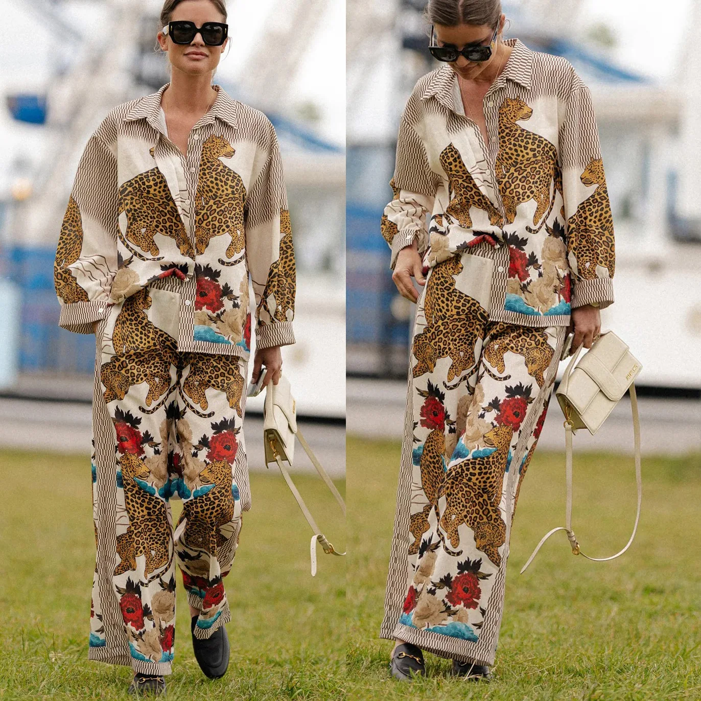 

Casual Two-piece Set 2025 Autumn And Winter New Long-sleeved Casual Vacation Two-piece Set Leopard Print Pocket Real Set