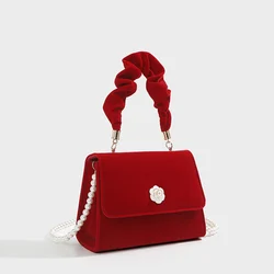 Velvet Red Totes Bag Wedding Party Dinner Bags Pleated Hand Pearl Chains Underarm Bag Red Bride Crossbody bag for Women Handbags