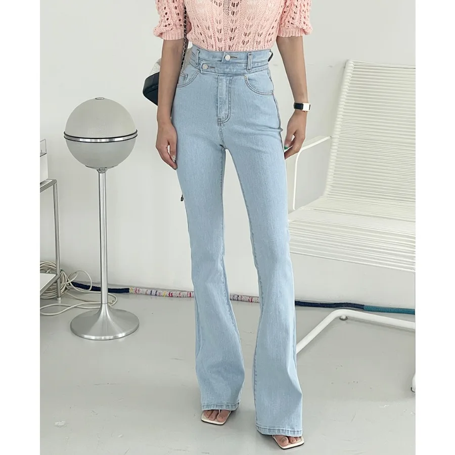 

High Waist Flared Jeans Women's Design Sense Slant 2 Buttons Bright Line Jeans Loose Style Long Pants All Seasons