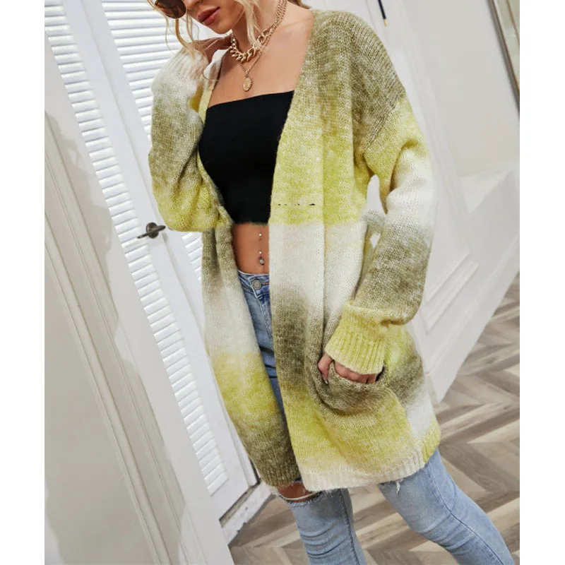 Autumn Winter New Women\'s Fashion Slash Neck Cardigan Rainbow Tie Dyeing Pockets Spliced Long Sleeve Loose Casual Sweaters Tops