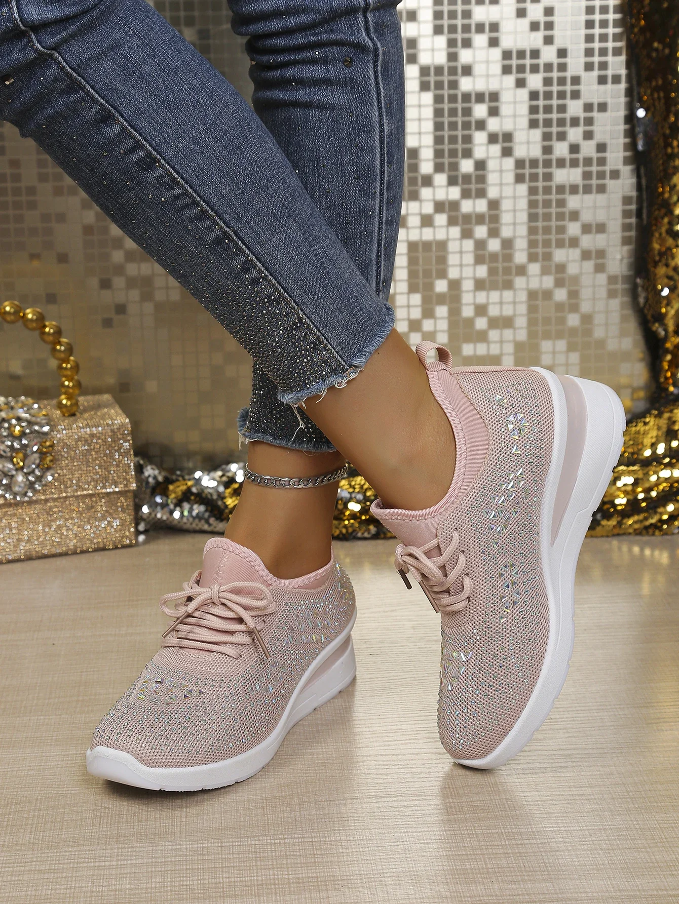 Damen Casual Walking Sneakers Atmungsaktives Mesh Geometrische Strass Versteckte Höhe Keilabsatz Plateau-Schuhe Kostenloser Versand Schuhe – Detail 14