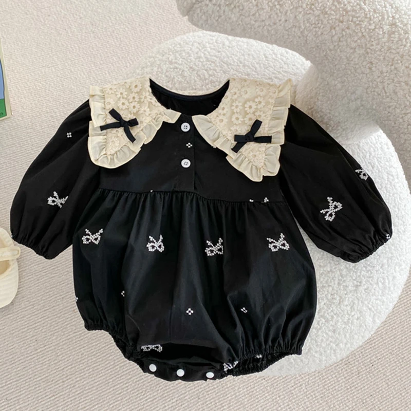 Vêtements d\'automne et de printemps pour bébés filles, combinaison à manches longues en coton brodé pour nouveau-nés