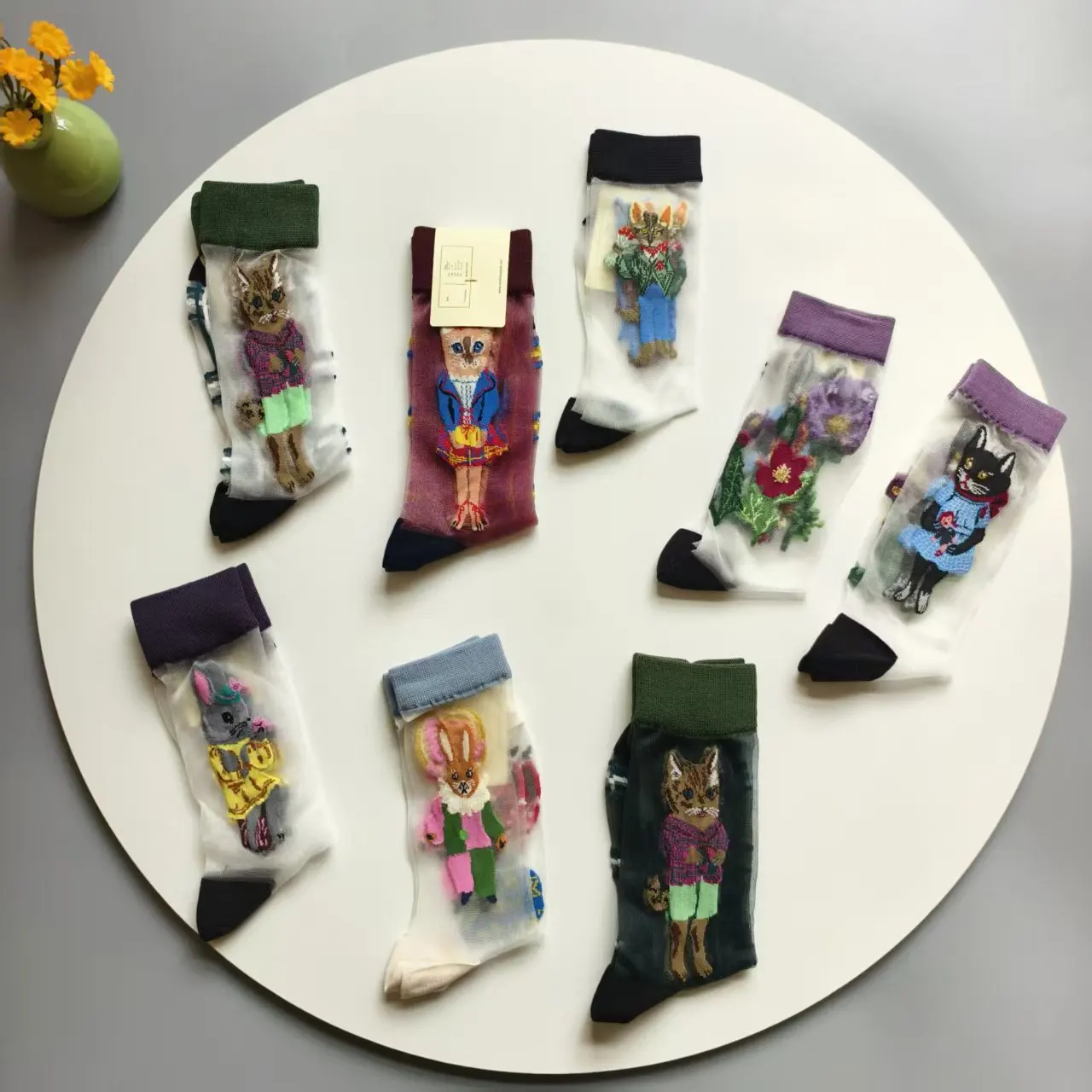 Socks Appeal Women Mid Calf Socks 2 Pairs Faux Silk Sheer Breathable Socks Cute Cartoon Animal Embroidery Vintage Streetwear