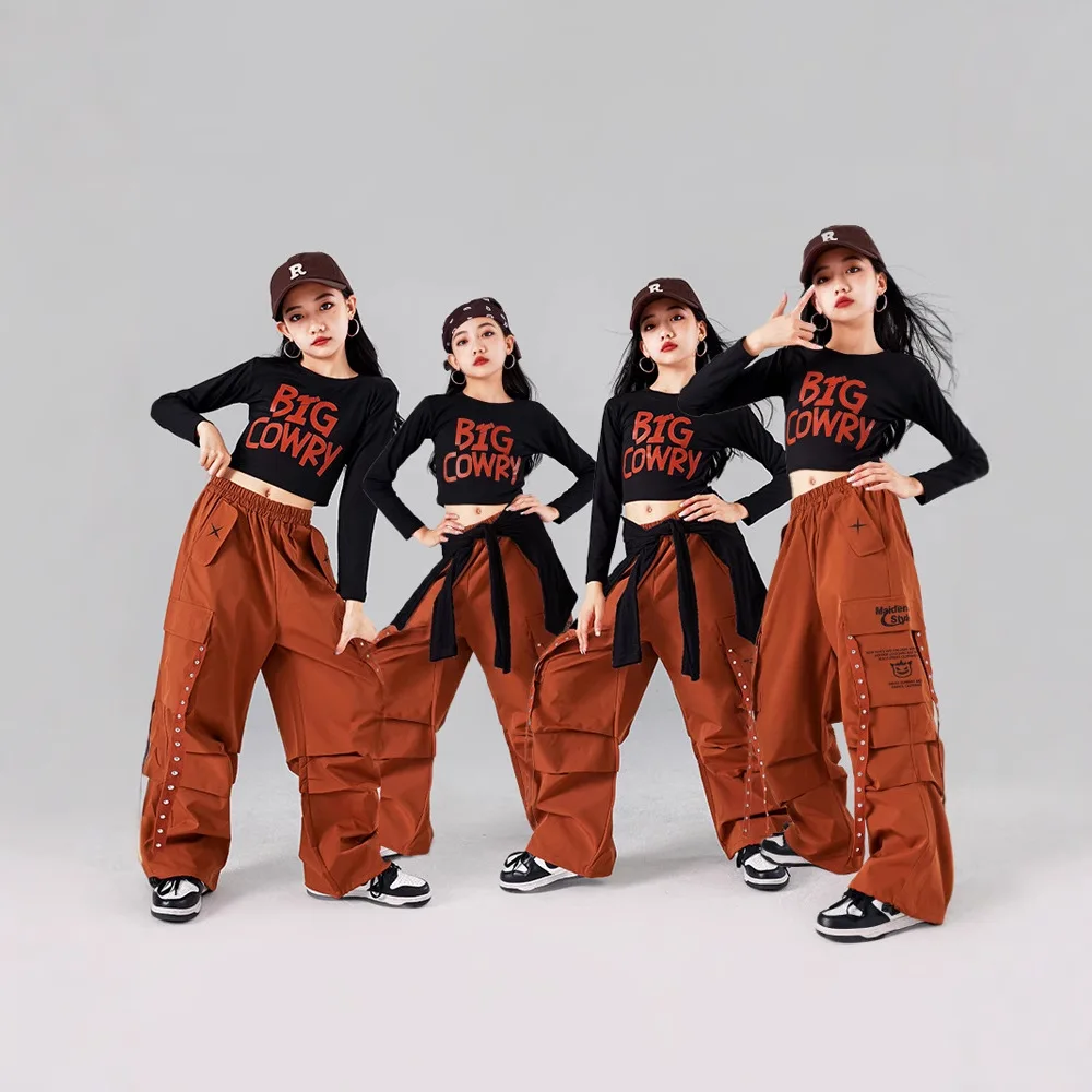 بدلة رقص الجاز للأطفال ملابس علوية سوداء لون الكرمل سراويل طويلة ملابس ممارسة الهيب هوب موضة المرأة مجموعة الرقص المشجع