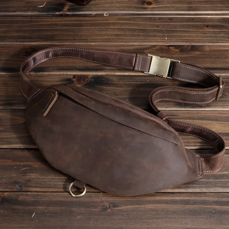 Leather Men's Sports Waist Pack Head Layer Cowhide Multi-functional Mobile Phone Waist Pack Crazy Horse Leather Men's Bag Retro