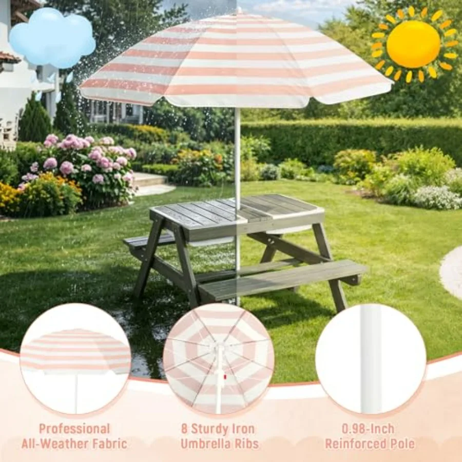 Outdoor sensory table for toddlers: wooden sand water play station with removable weatherproof umbrella, natural wood finish, 4