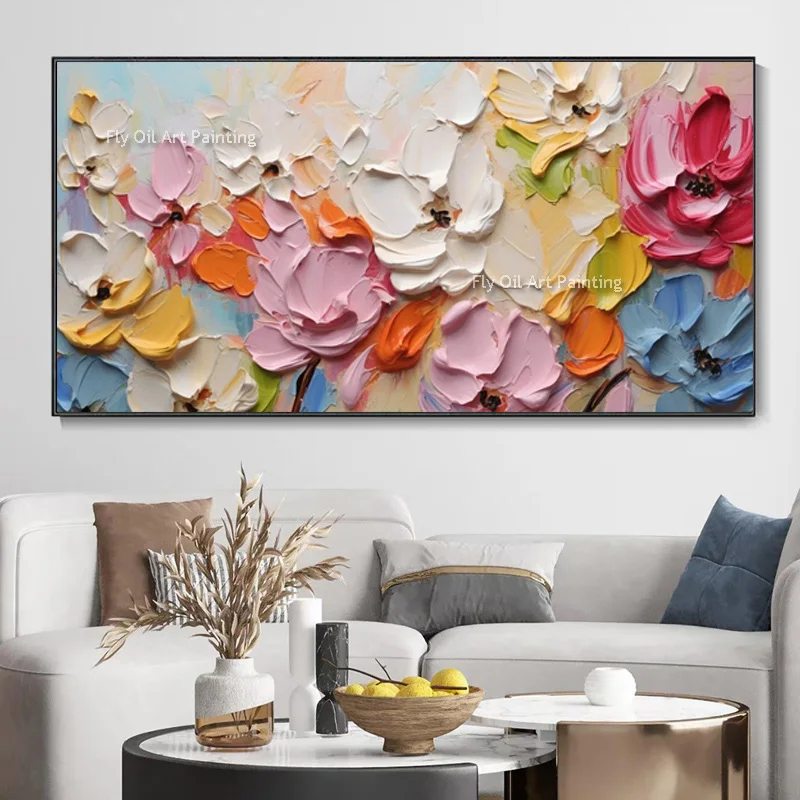 Hand Painted Pink White Abstract Knife Thick Flowers Oil Painting New Artwork Blue Red Color Mixed Canvas Wall Art For Decor