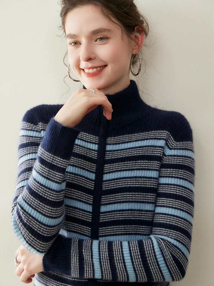 

Yoyoselect 100% кашемировый женский полосатый кардиган, осенне-зимний свитер на двойной молнии, тонкая верхняя одежда с воротником-стойкой, одежда, топы